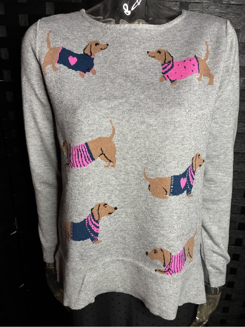 Gray Dachshund Knit Sweater with Pink & Navy Accents